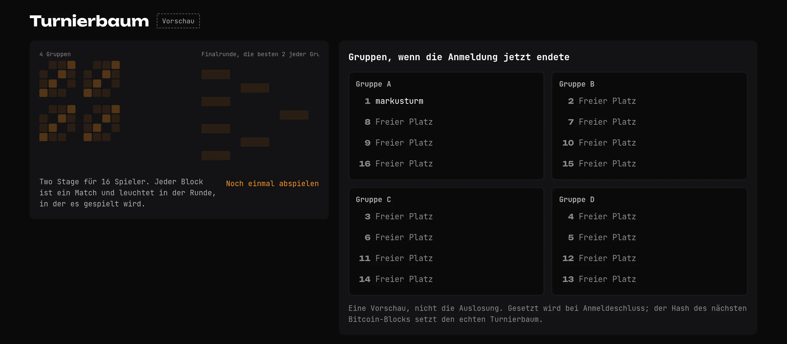 Vorschau von Turnierbaum und Gruppen auf der Turnierseite